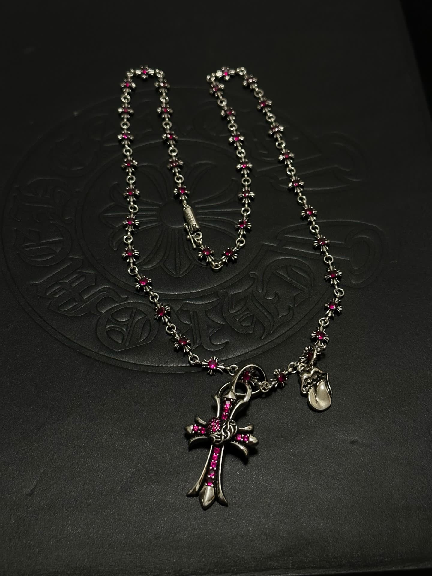 Chrome Hearts Black Cross Necklace with Pink Stones Chrome Hearts Black Cross Necklace with Pink Stones
